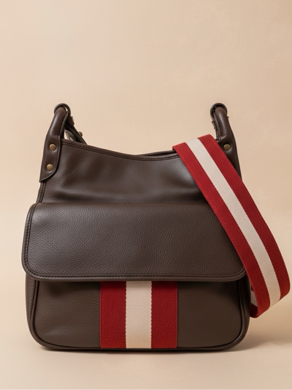 Bally Trainspotting brown leather Messenger Bag with striped guitar strap